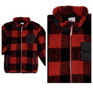 Wonder Nation Boys Outerwear Faux Plaid Red Black Sherpa Full Zip Jacket SZ XS